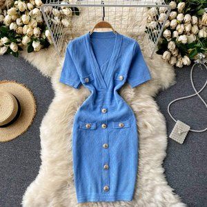 Knitted Pencil Dress V Neck Short Sleeve Elastic Slim Sheath Dress